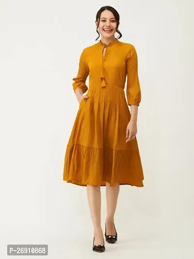 Stylish Yellow Cotton Solid Fit And Flare Dress For Women-thumb0