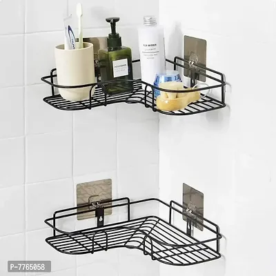 Wall Mounted Stainless Steel Bathroom Shower Shelf Self Adhesive Corner Shower Basket Drilling Storage Rack for Bathroom Bedroom Living Room Kitchen,Black(Set of 2)-thumb0