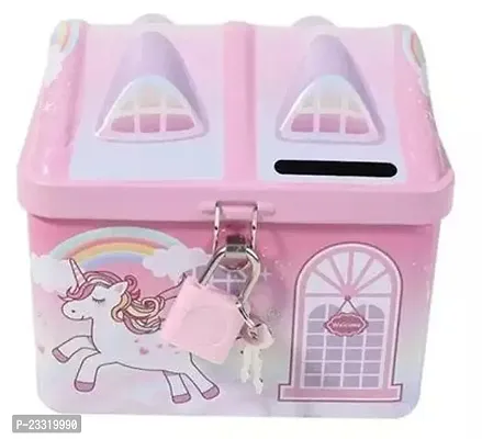 Metal Piggy Bank With Clock / Hut Shape Metal Coin Bank For Kids / Money Bank With Lock-thumb0