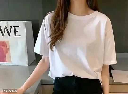 Elegant White Cotton Solid Tshirt For Women-thumb0