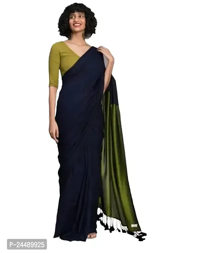 Ritisha Saree Women's Handloom Cotton Silk Saree with Unstitched Blouse Piece (Navyblue)