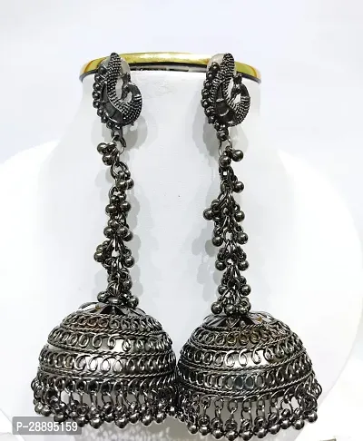 Black Metal Earrings Hanging Chain with Peacock Stud German Silver Jhumki Earring-thumb0