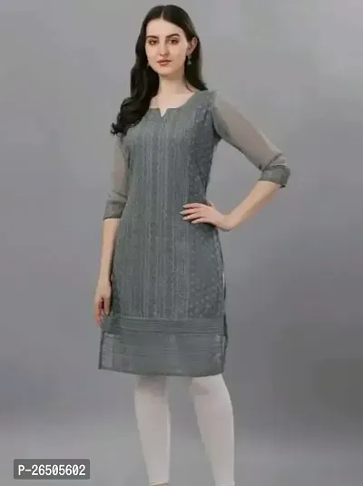 Stylish Grey Georgette Chikankari Kurta For Women-thumb0