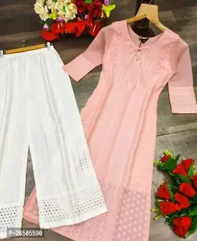 Stylish Peach Georgette Chikankari Kurta with Palazzo Set For Women-thumb0