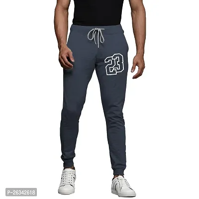 Trendy Navy Blue Cotton Printed Regular Track Pants For Men