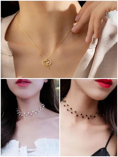 Charming Gold Plated Free Size Pendant With Gorgeous Choker Set II Beads Chains II White  Black Pearls Necklace