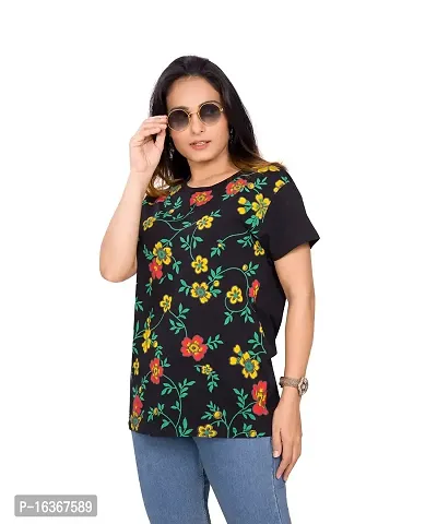 PEPP N HAGG Ladies 100% Cotton Biowash Black Discharge Print T-Shirts | Stylish | Fashion | Trendy | Comforatble (Large, Green Flower)