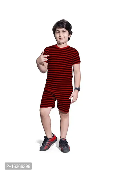 PEPP N HAGG 100% Cotton Biowash Boys All Over Striped Printed Set | Trendy | Stylish | Fashion| Good Quality (10-11 Years, RED)-thumb0