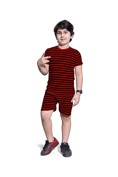 PEPP N HAGG 100% Biowash Boys All Over Striped Set | Trendy | Stylish | Fashion| Good Quality (10-11 Years, RED)