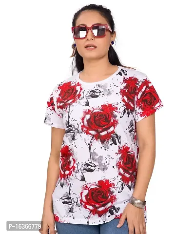 PEPP N HAGG Ladies 100% Cotton Biowash White Flower Allover Printed T-Shirts | Stylish | Fashion | Trendy | Comforatble (X-Small, Red)