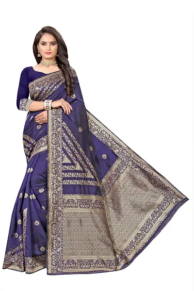 NITA CREATION Fashionista Women's Banarasi Jacquard Silk Woven Saree With Blouse Piece (Navy Blue)