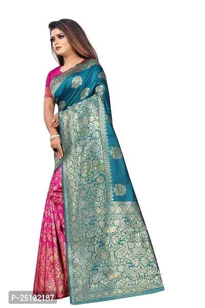 NITA CREATION Women's Linen Woven Saree With Blouse Pieces (Firozi Blue)-thumb2