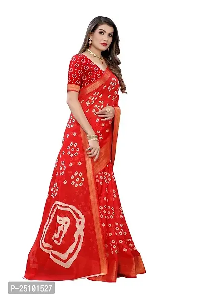 NITA CREATION Women's Bandhani Printed Jari Patta Poly Cotton Woven Saree With Blouse Piece (Red)-thumb3