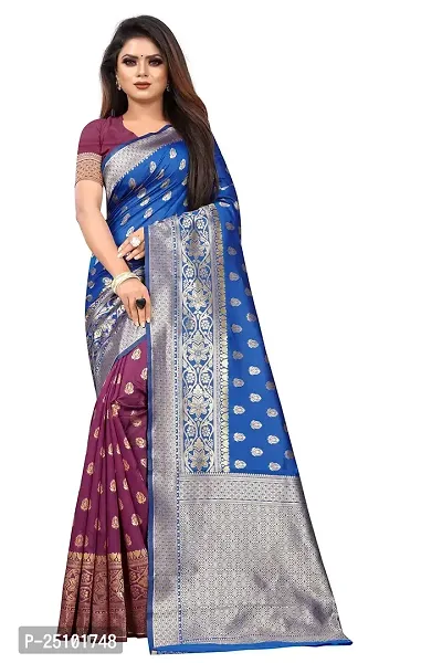 NITA CREATION Women's Linen Woven Saree With Blouse Pieces (Blue)