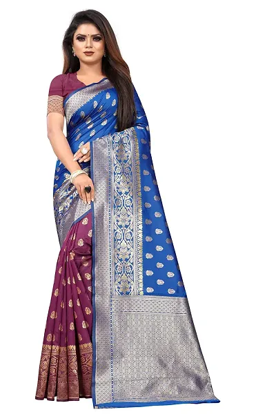 NITA CREATION Women's Linen Woven Saree With Blouse Pieces (Blue)