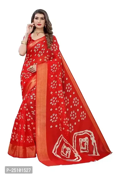 NITA CREATION Women's Bandhani Printed Jari Patta Poly Cotton Woven Saree With Blouse Piece (Red)-thumb0
