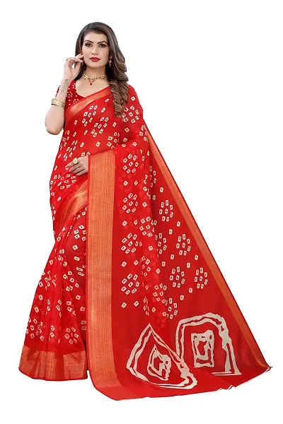 NITA CREATION Women's Bandhani Printed Jari Patta Poly Cotton Woven Saree With Blouse Piece (Red)