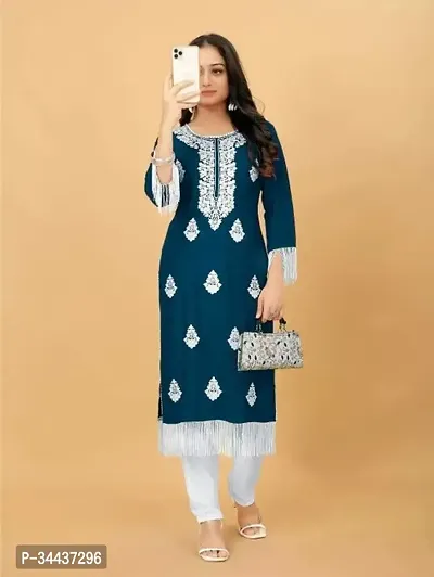 Stylish Blue Rayon Embroidered Kurta Pant Set For Women-thumb0