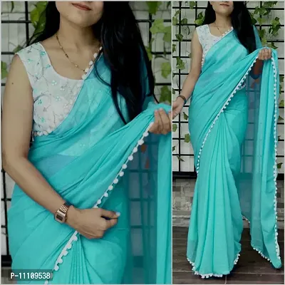 Embroidery Worked Blouse Pom Pom Border Saree