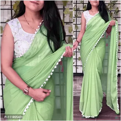 Embroidery Worked Blouse Pom Pom Border Saree-thumb0