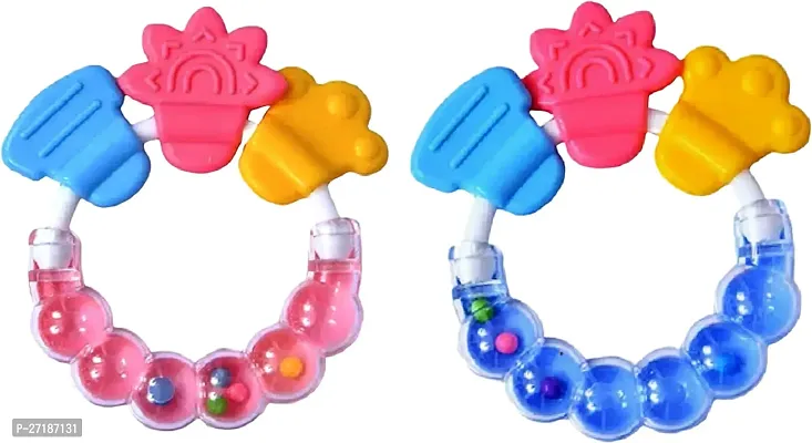 Swito Mart Baby Natural Silicone Rattle Teether NonToxic Food Grade BPA Free Teether Pink Blue-thumb0
