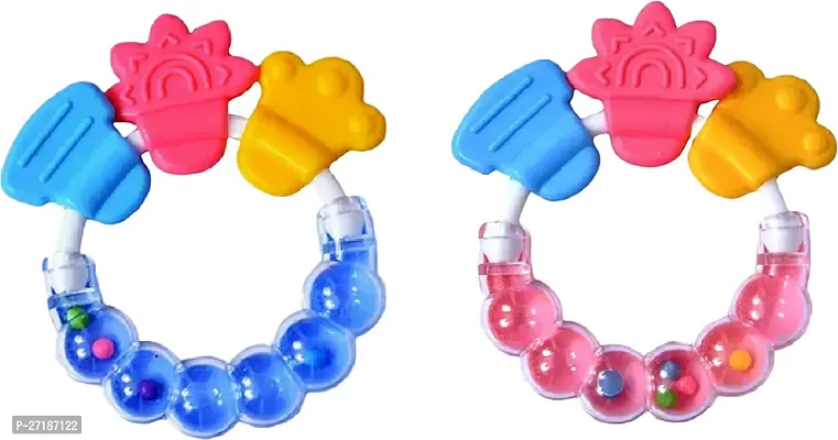 Swito Mart Baby Natural Silicone Rattle Teether NonToxic Food Grade BPA Free Teether Blue Pink