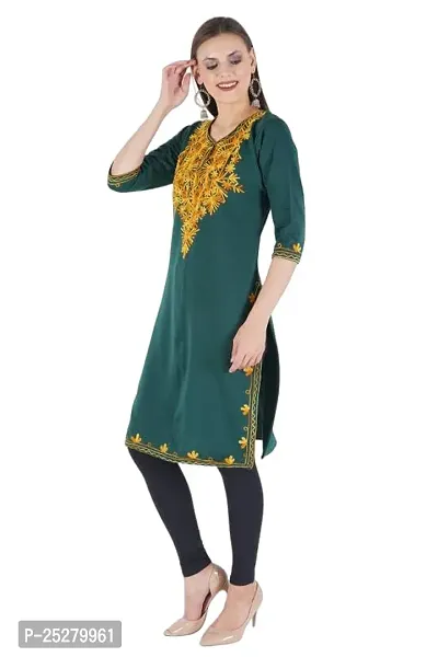 Trendy Green Embroidered Woolen Straight Kurta