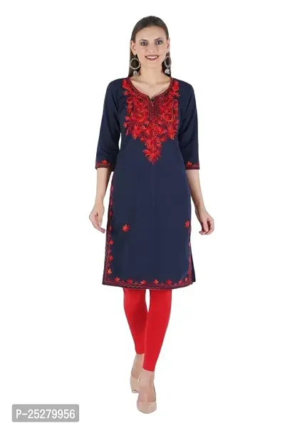 Trendy Navy Blue Embroidered Woolen Straight Kurta