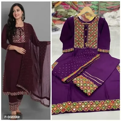 Beautiful Rayon Embroidered Kurta, Bottom and Dupatta Set For Women