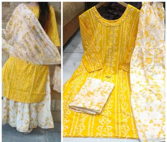 Hot Selling !! Elegant Rayon Kurta With Skirt And Dupattas Set