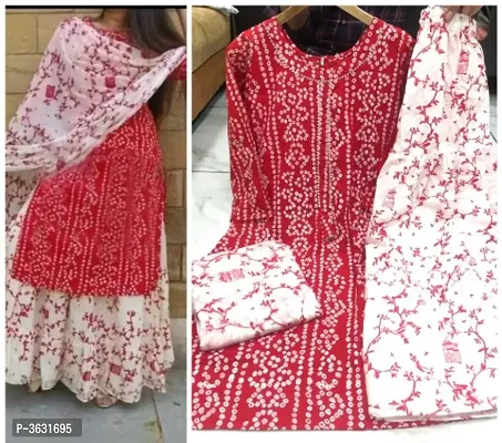 Elite Red Rayon Cotton Printed Women Kurta Skirt Set with Dupatta-thumb1