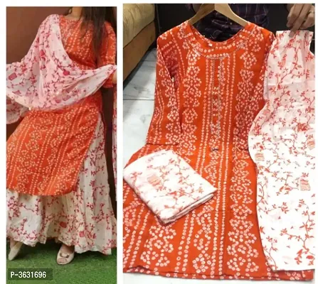 Elite Orange Rayon Cotton Printed Women Kurta Skirt Set with Dupatta-thumb0