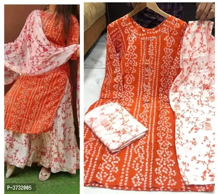 Elite Orange Rayon Cotton Printed Women Kurta Skirt Set with Dupatta