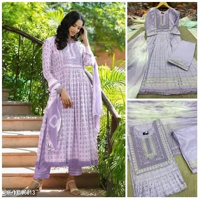 Stylish Fancy Rayon Cotton Kurti With Bottom Wear And Dupatta Set For Women-thumb0