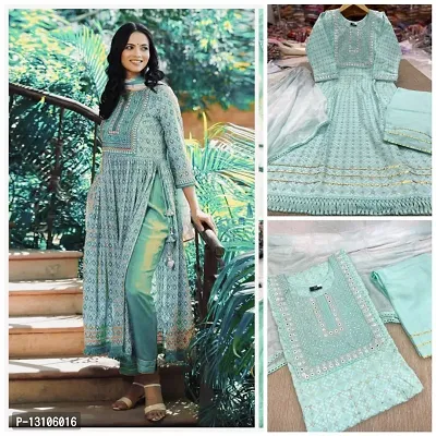 Stylish Fancy Rayon Cotton Kurti With Bottom Wear And Dupatta Set For Women-thumb0