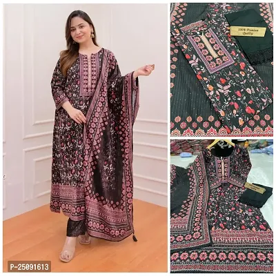 Printed Muslin Sequence Embroidery Kurti With Bottom And Dupatta Set