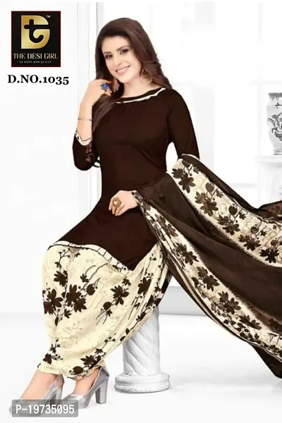 Stylish Synthetic Coffee Printed Dress Material With Dupatta Set For Women-thumb0