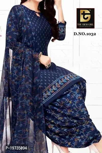 Stylish Synthetic Navy Blue Printed Dress Material With Dupatta Set For Women-thumb0