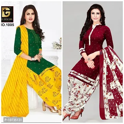 Stylish Synthetic Multicoloured Printed Dress Material With Dupatta Set For Women- Pack Of 2
