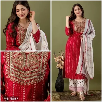 Elegant Red Cotton Blend Embroidered A-Line Kurta, Bottom And Dupatta Set For Women-thumb0