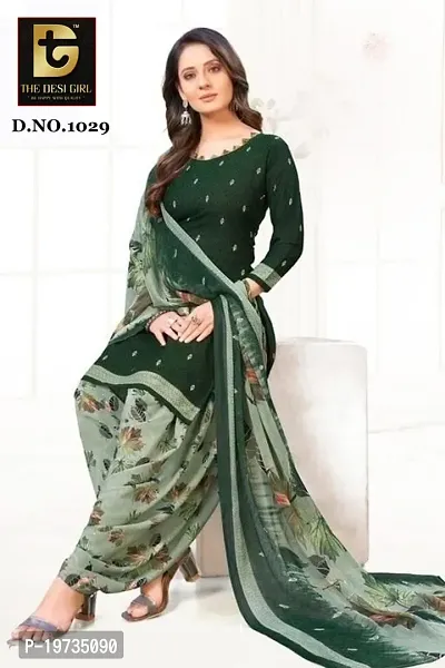 Stylish Synthetic Green Printed Dress Material With Dupatta Set For Women-thumb0