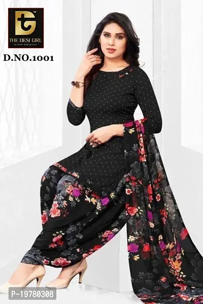 Elegant Black Synthetic Printed Dress Material with Dupatta For Women-thumb0