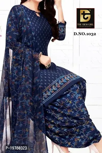 Elegant Blue Synthetic Printed Dress Material with Dupatta For Women-thumb0