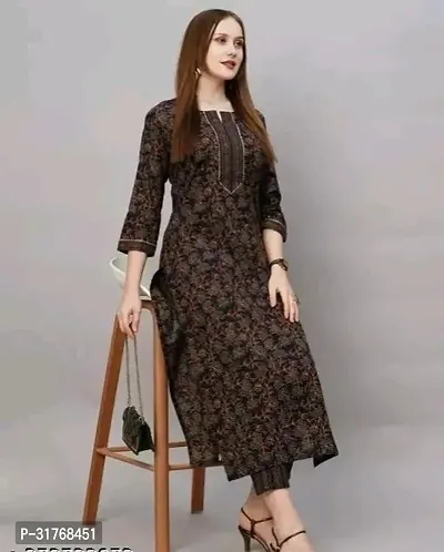 Elegant Black Cotton Blend Floral Print A-Line Kurta Bottom Set For Women-thumb0