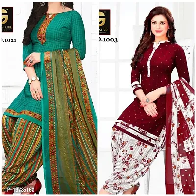 Stylish Synthetic Multicoloured Printed Dress Material With Dupatta Set For Women- Pack Of 2