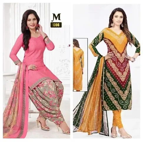 Stylish Synthetic Crepe Printed Dress Material with Dupatta - Pack Of 2