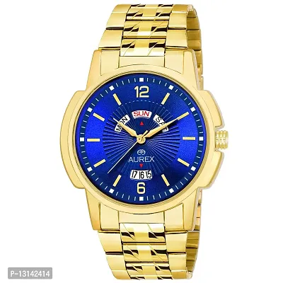 Aurex Men's Analogue Gold Plated Blue Dial Day And Date Stainless Steel Bracelet Watch (Ax-Gr178-Blg)