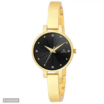 Aurex Classy 18 K Gold Plated Crystal Studded Black Dial Ion Gold Plated Brass Bracelet Wrist Watch for Women/Ladies/Girls (AX-LR7957-BKG)-thumb0