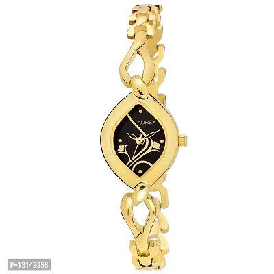 AUREX Analogue Women's  Girl's Watch (Black Dial Gold Colored Strap)