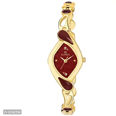 AUREX Analogue Women's Watch (Maroon Dial Gold Colored Strap)